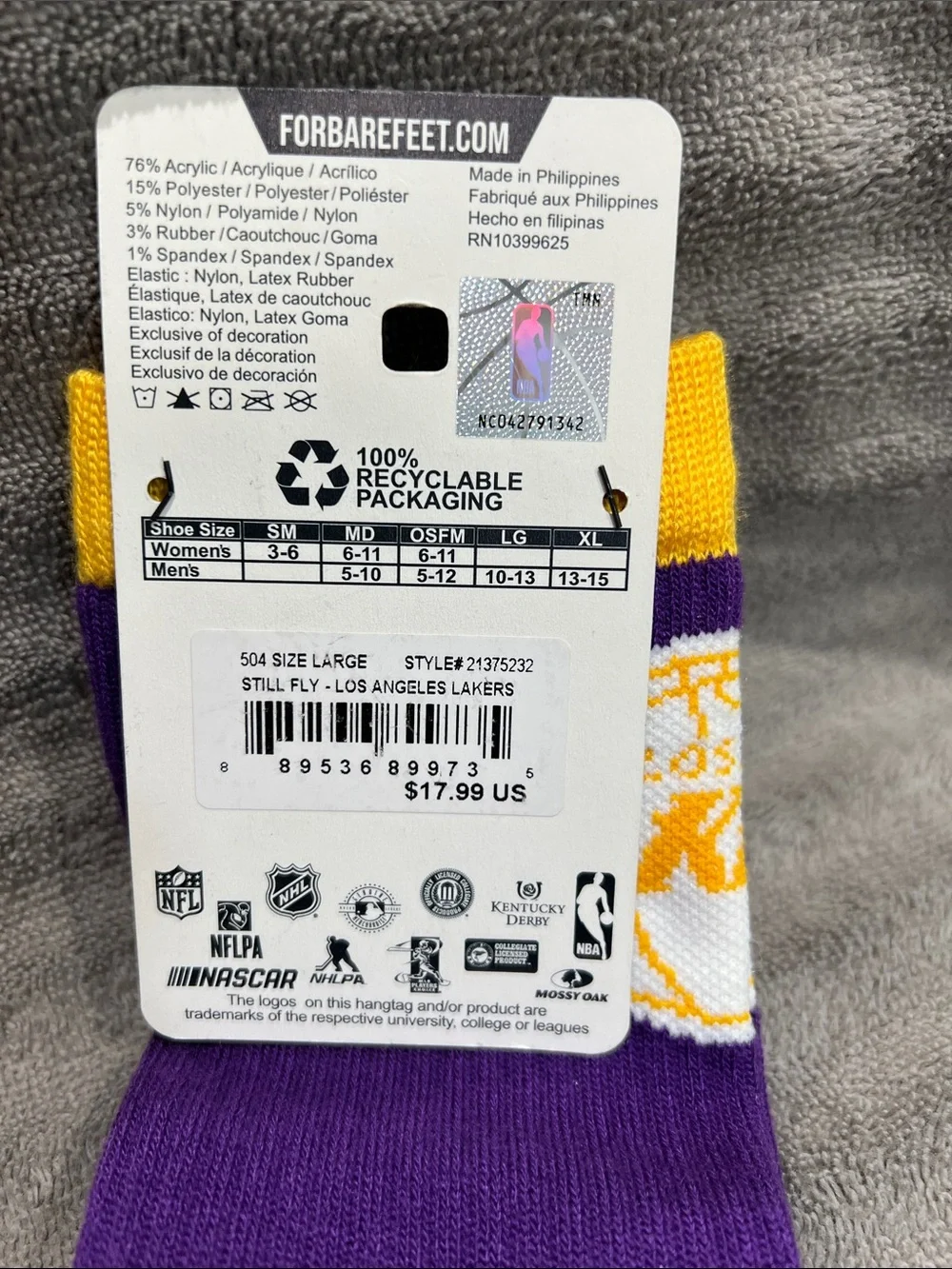 For Bare Feet Purple and Gold Los Angeles Crew Socks